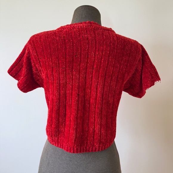 Vibrant Red Y2K 90s Chenille Knit Cropped Top - Picture 3 of 9
